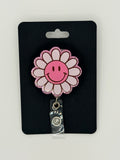 Pink Daisy Smiley Face Badge Reel