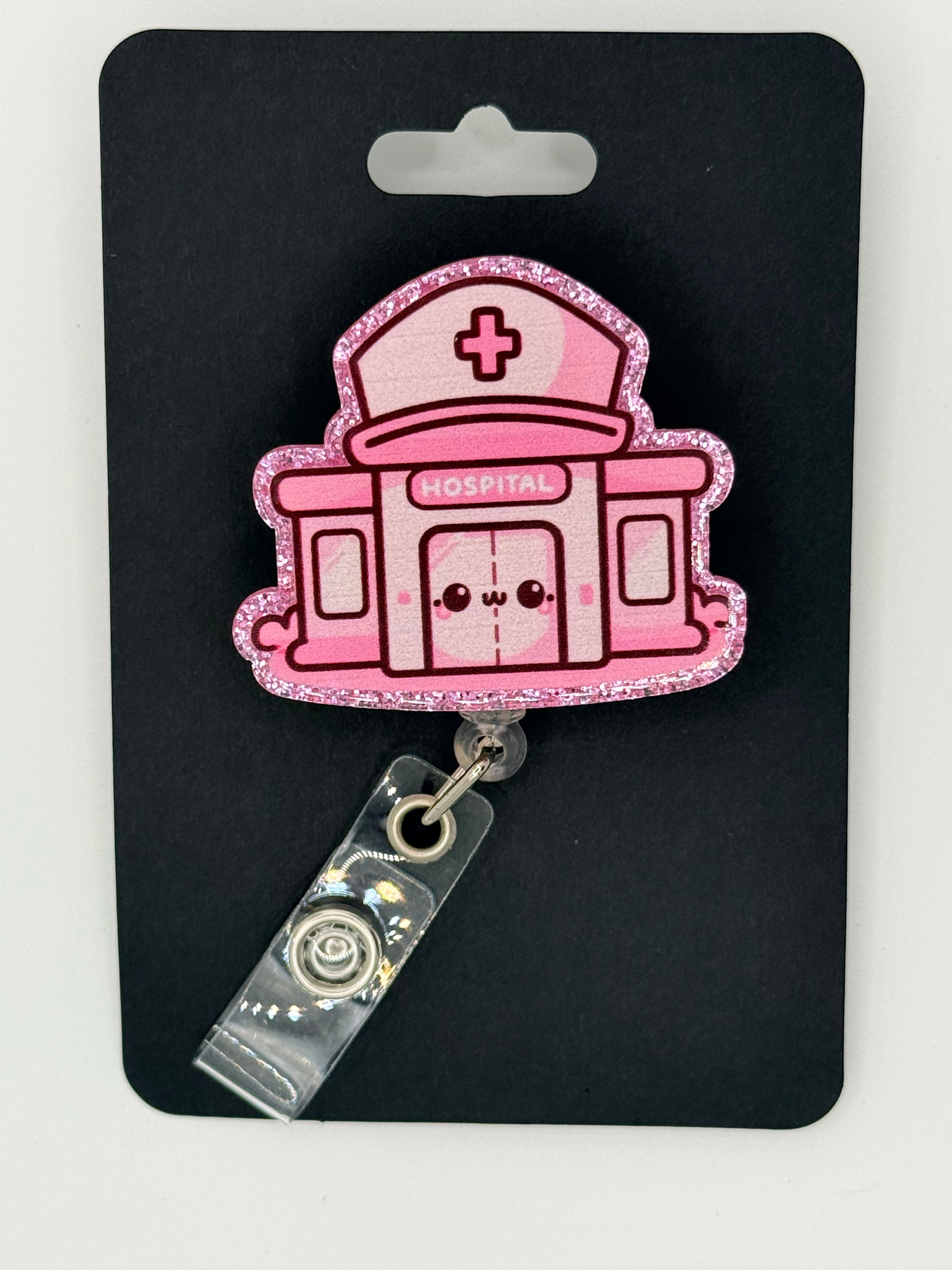 Pink Happy Hospital Badge Reel
