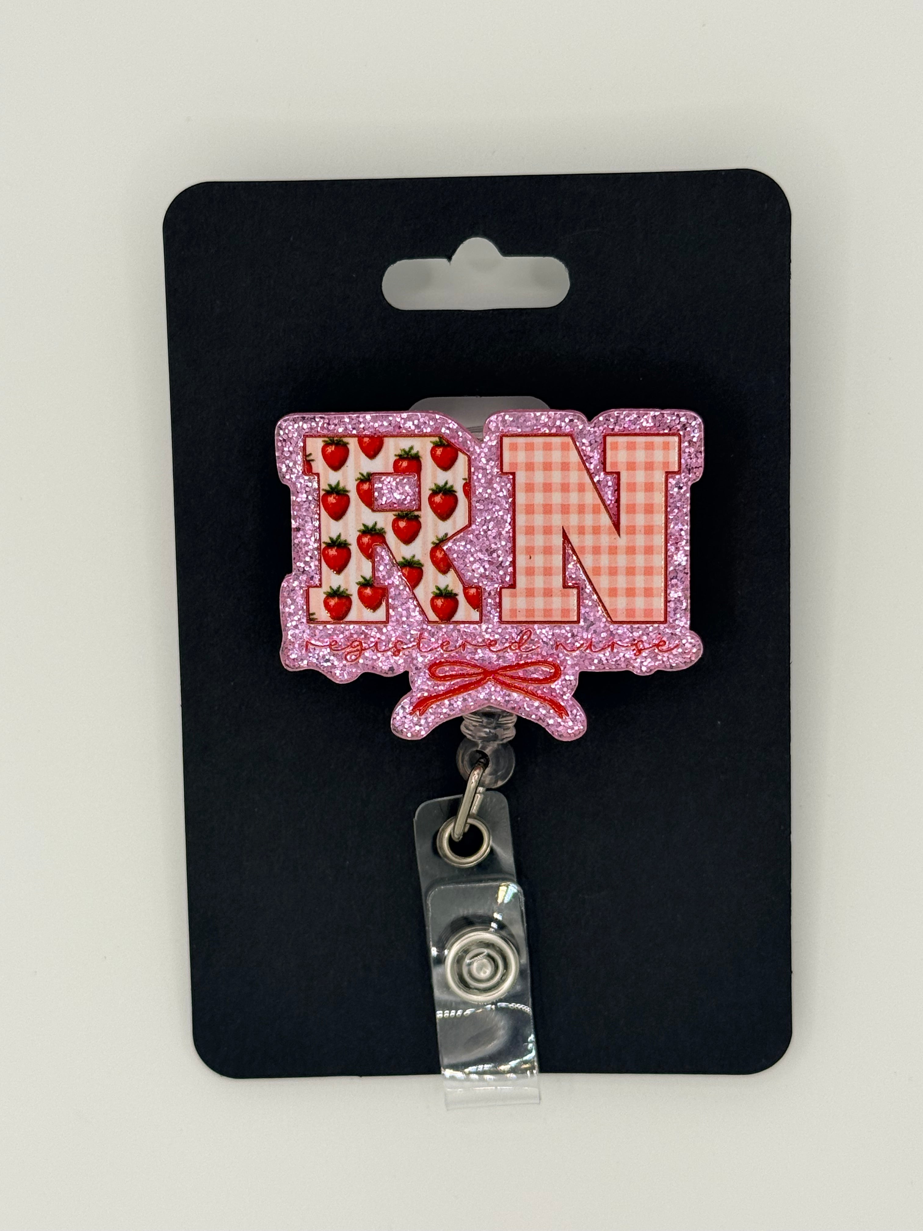Pink Strawberry Gingham “RN” Badge Reel