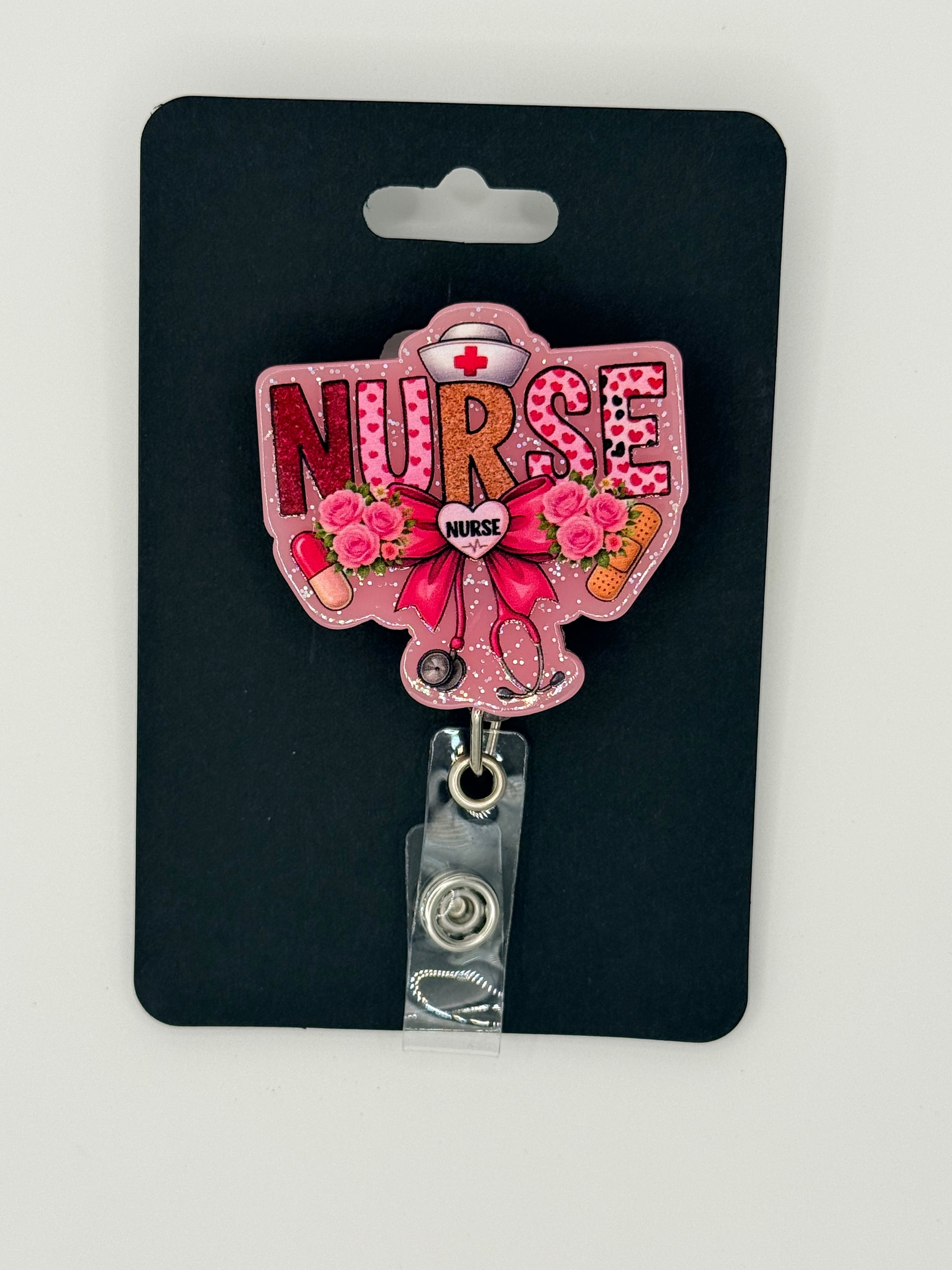 Pink Pretty Bow Flowers Nurse Badge Reel