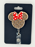 Leopard Print Mouse Head with Giant Polka Dot Bow Badge Reel