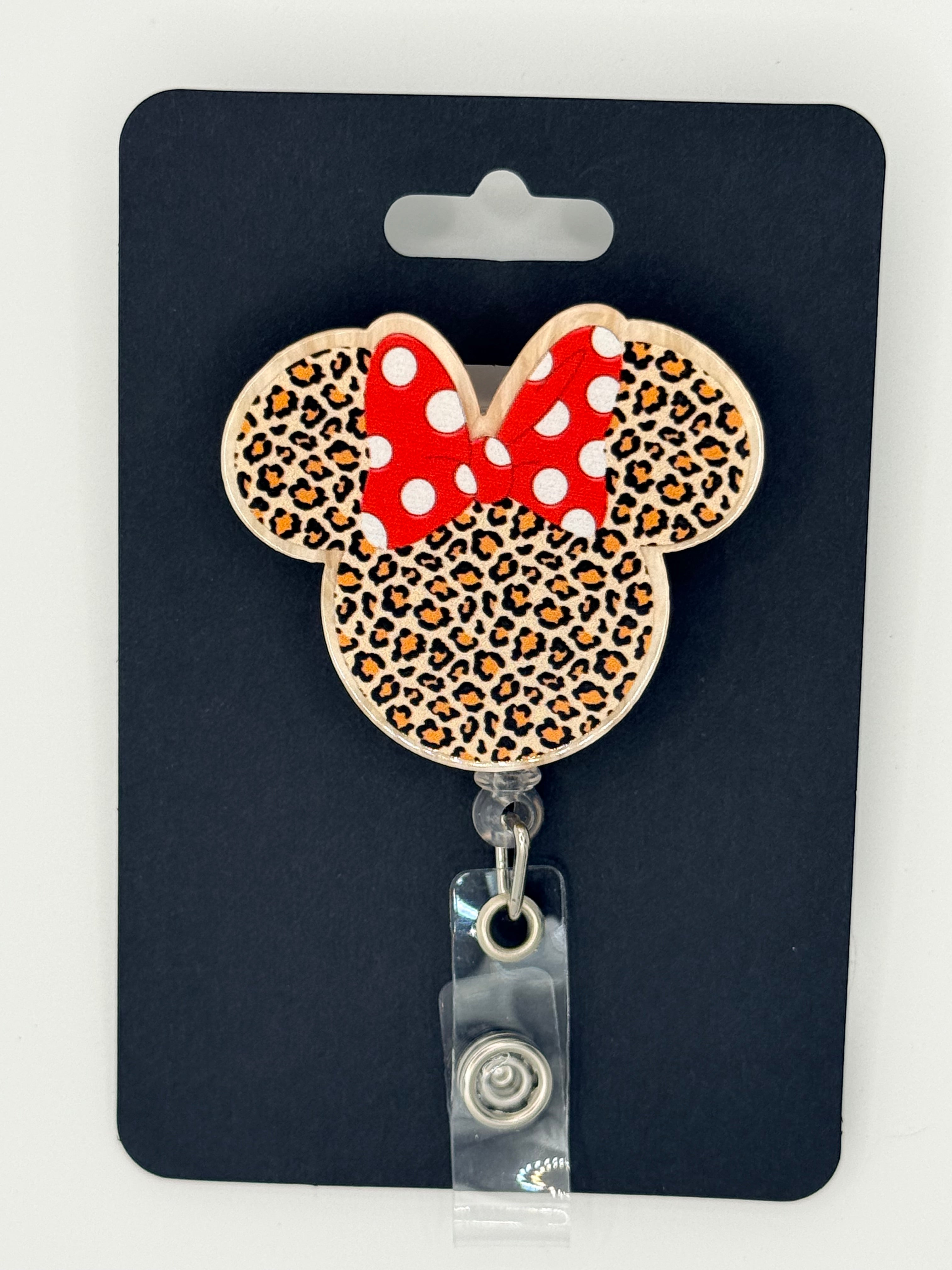 Leopard Print Mouse Head with Giant Polka Dot Bow Badge Reel