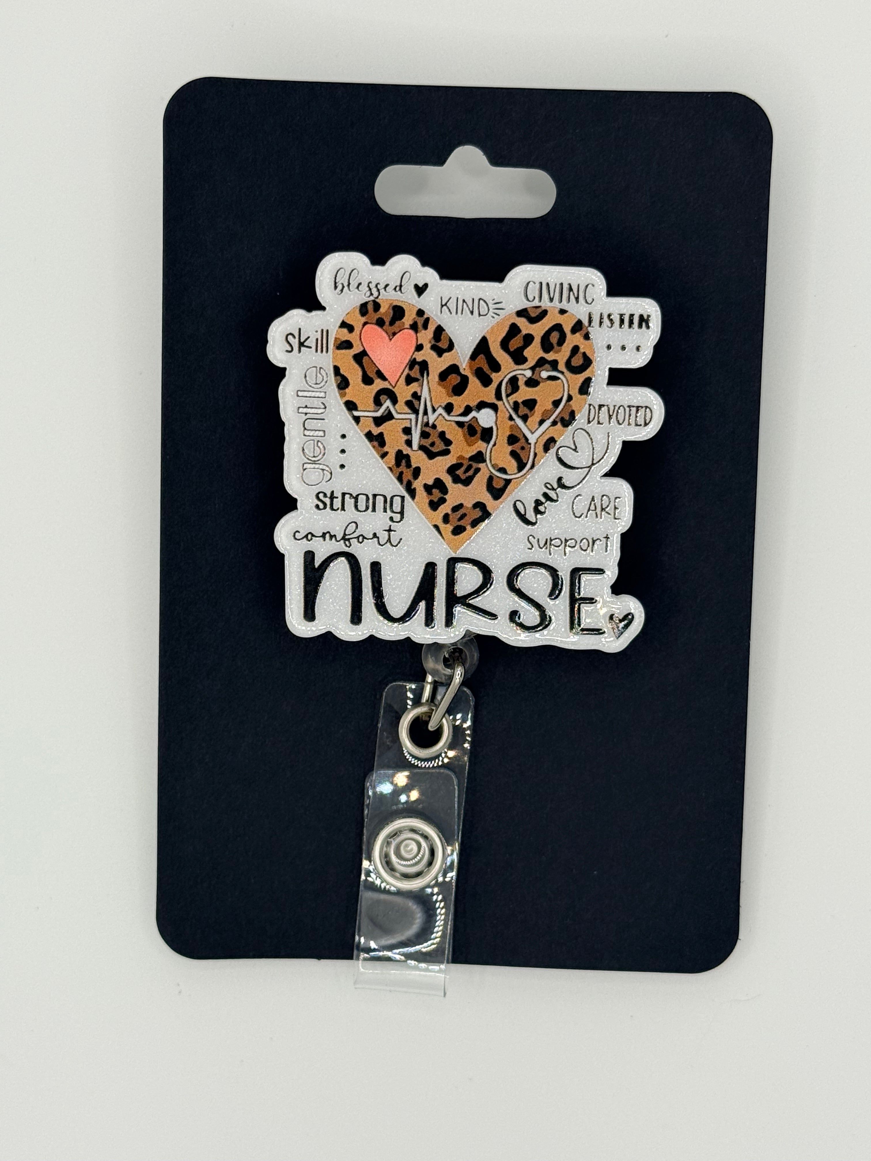 Leopard Print Heart “Nurse”Badge Reel