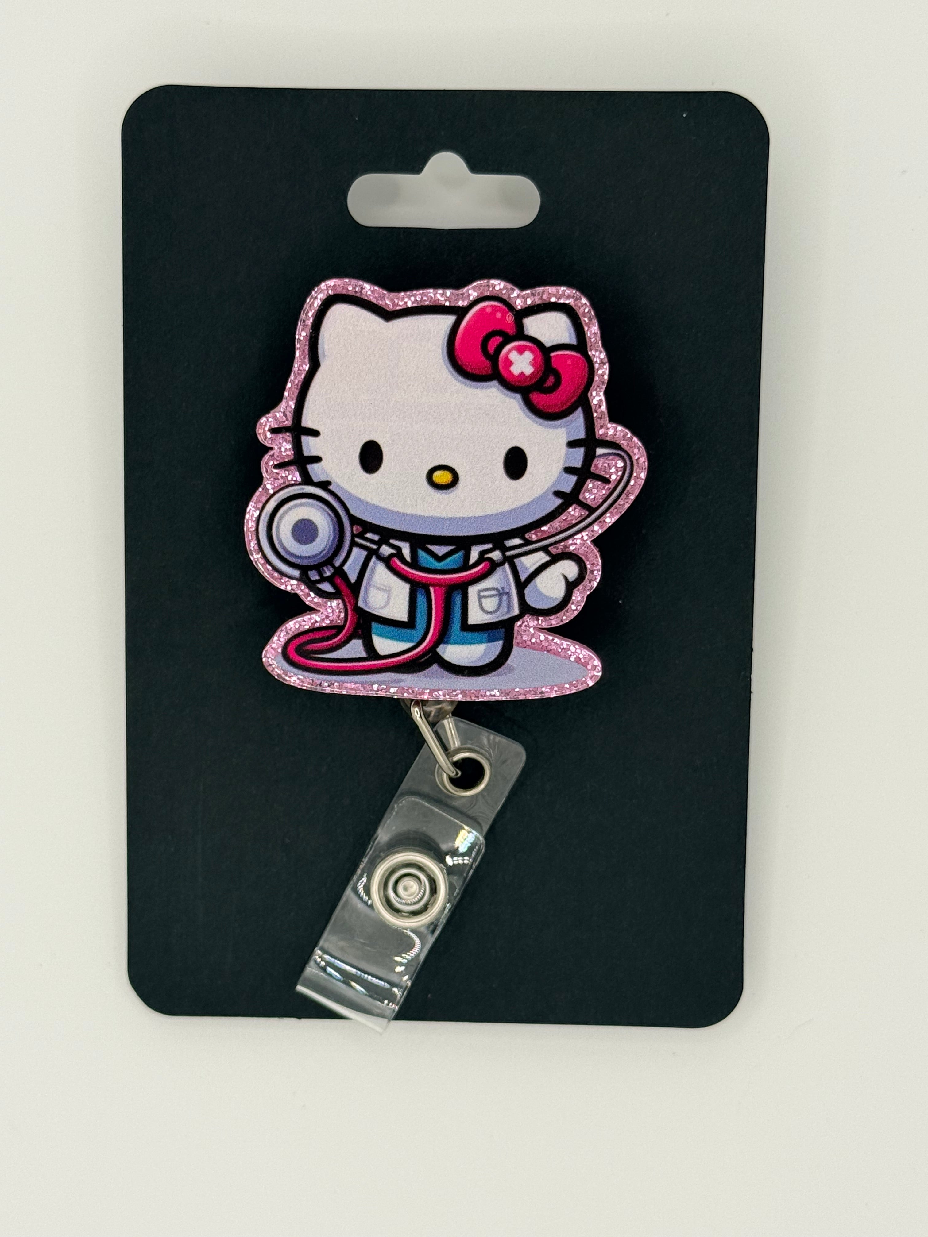 Kawaii Kitty Wearing Giant Stethoscope Badge Reel