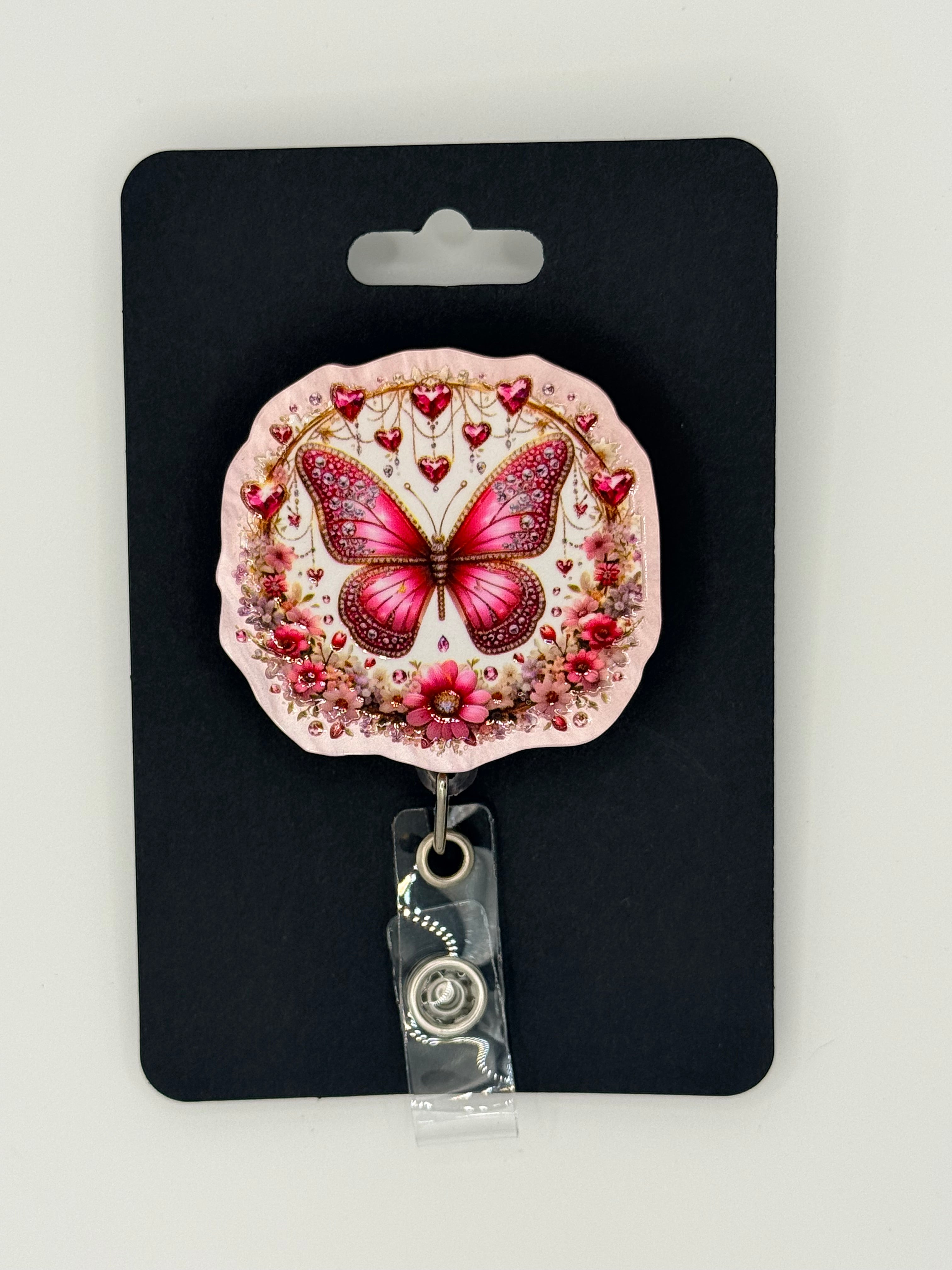 Pink Butterfly Hearts Flowers Badge Reel